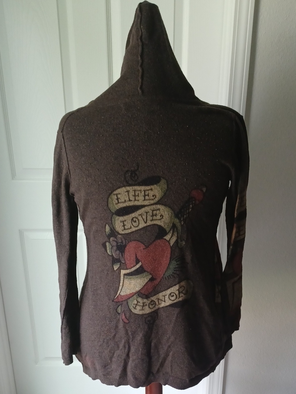 Ed Hardy Brown Hooded Wool Sweater with Vintage Heart Banner Graphic Large
